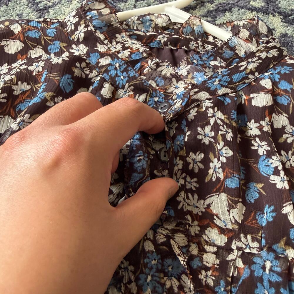 Mango Brown Blue & White Floral Ruffled Long Sleeve Blouse Preppy Summer | Sz 4 - Picture 9 of 12